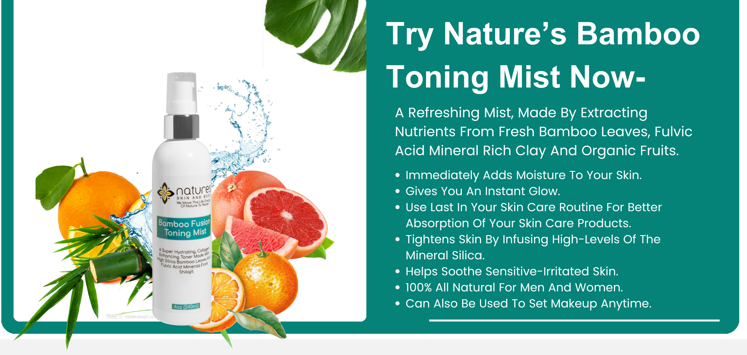 Nature’s Bamboo Toner-A hydrating Mist For Your Face Or Body That Gives You Healthy Glowing Skin. It Tightens Pores, Enhances Radiance, Adds Moisture And Delivers Healthy Anti-Aging Skin Nutrients banner