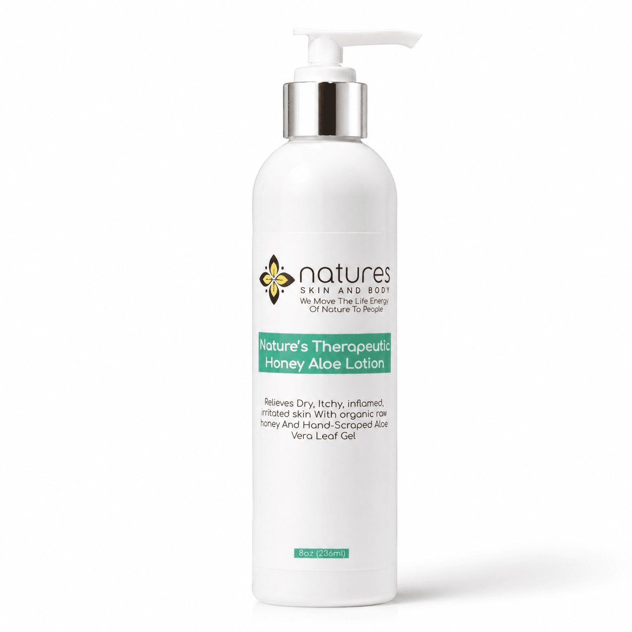 A white pump bottle of Nature's Skin and Body Honey Aloe Lotion with a silver collar and white pump, shown on a clean white background.