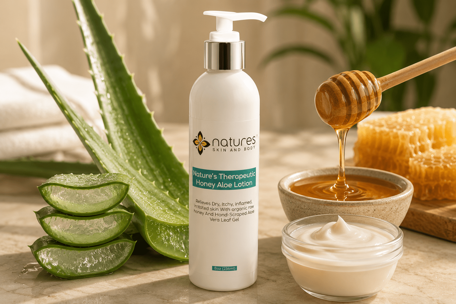 A bottle of Nature's Therapy Honey Aloe Lotion stands on a wooden surface with aloe vera slices, a honey dipper, and a bowl of honey cream in a warm, natural setting.