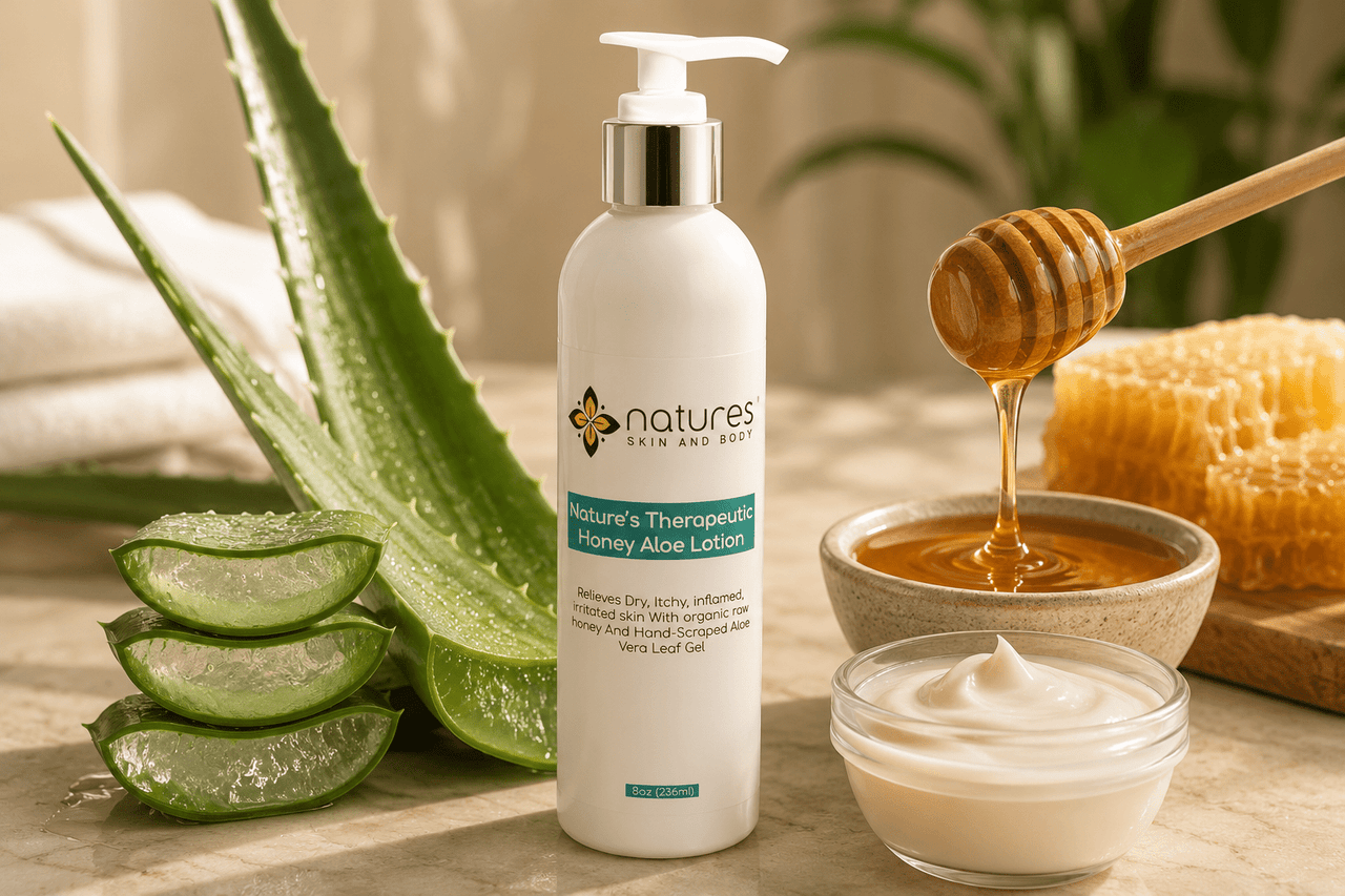 A bottle of Nature's Therapy Honey Aloe Lotion stands on a wooden surface with aloe vera slices, a honey dipper, and a bowl of honey cream in a warm, natural setting.
