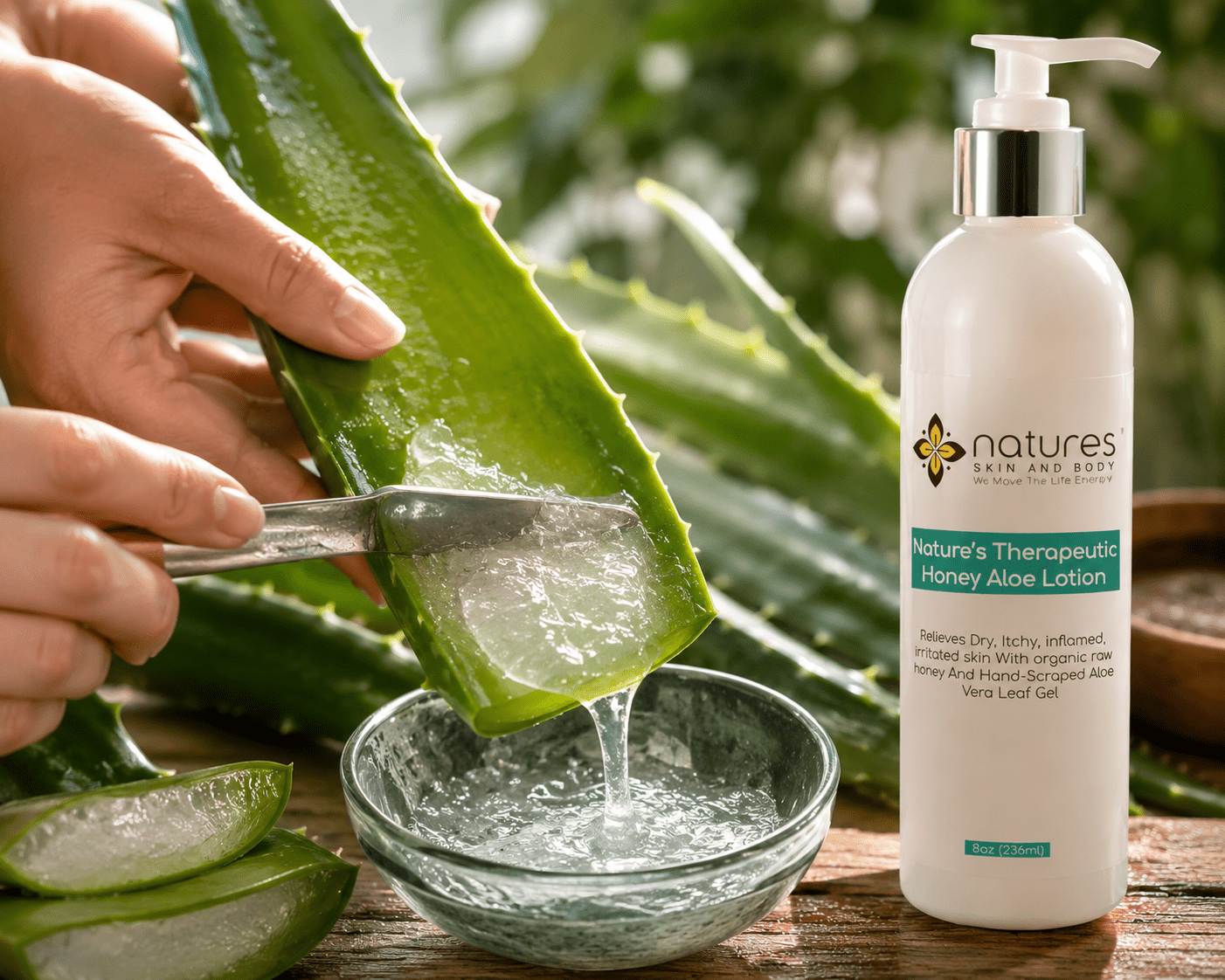 A bottle of Nature's Skin and Body Stone's Aloe Lotion stands next to a hand holding a fresh aloe vera leaf over a small glass bowl, with more aloe slices and a blurred green outdoor background.