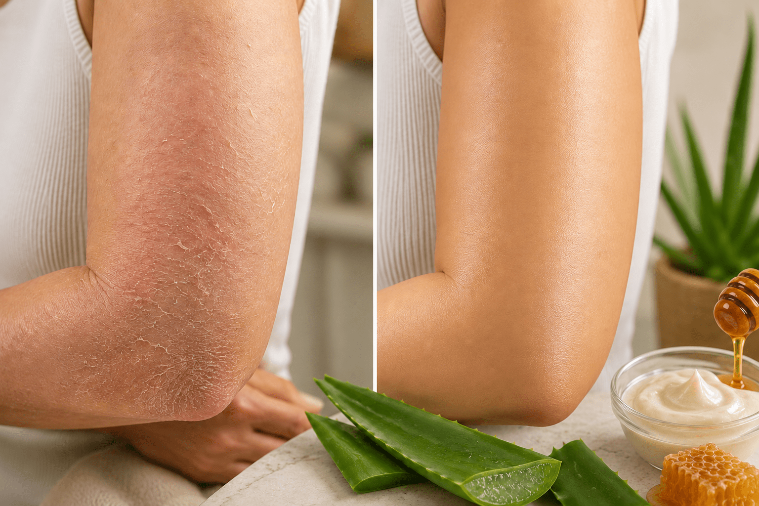 A split-screen comparison showing a person's elbow before and after treatment. The left side shows dry, cracked skin, and the right side shows smooth, healed skin.