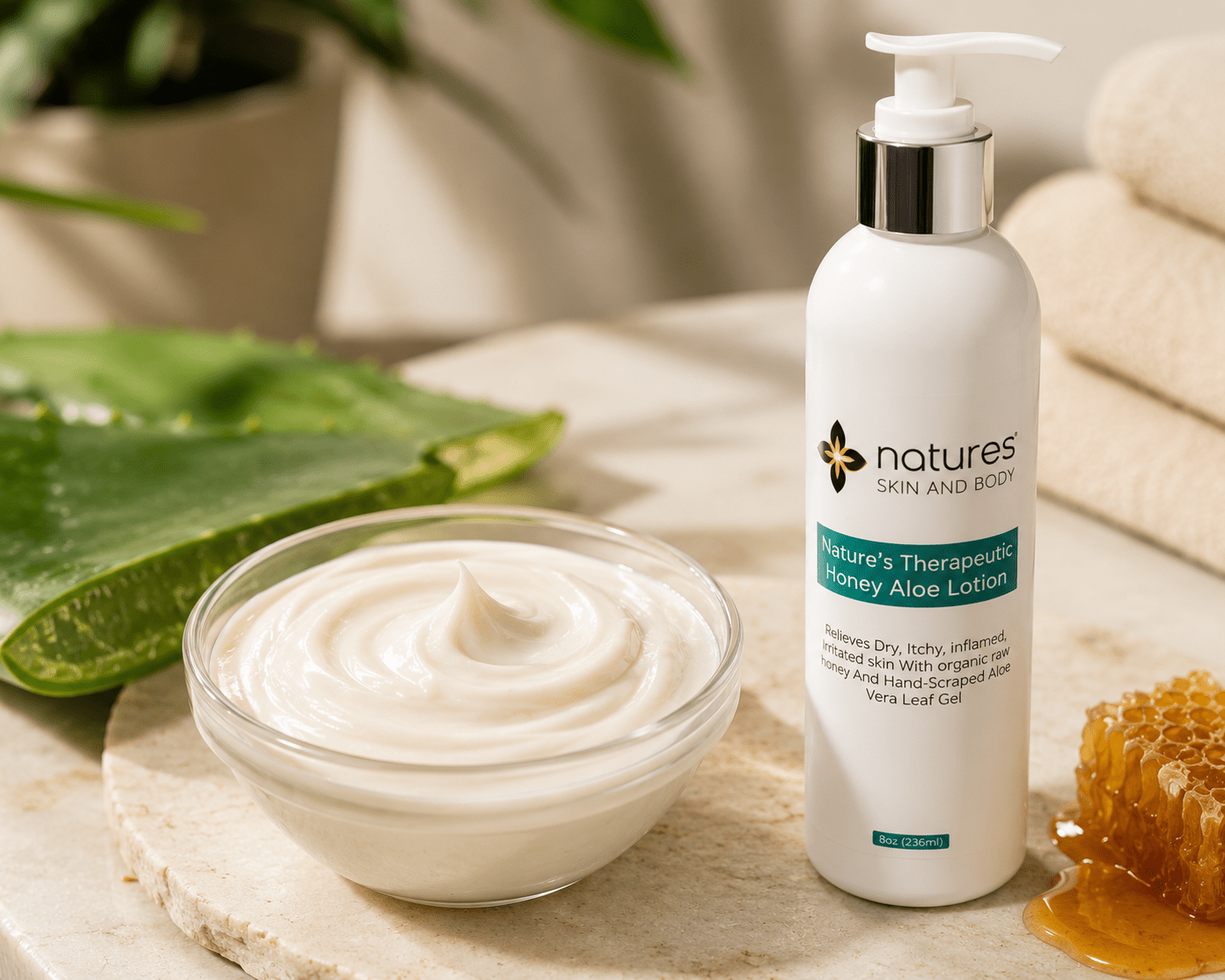 A bottle of Nature's Skin and Beauty Honey Aloe Lotion stands next to a glass bowl filled with white lotion, styled with an aloe vera leaf, honeycomb, and folded towels on a light stone surface.