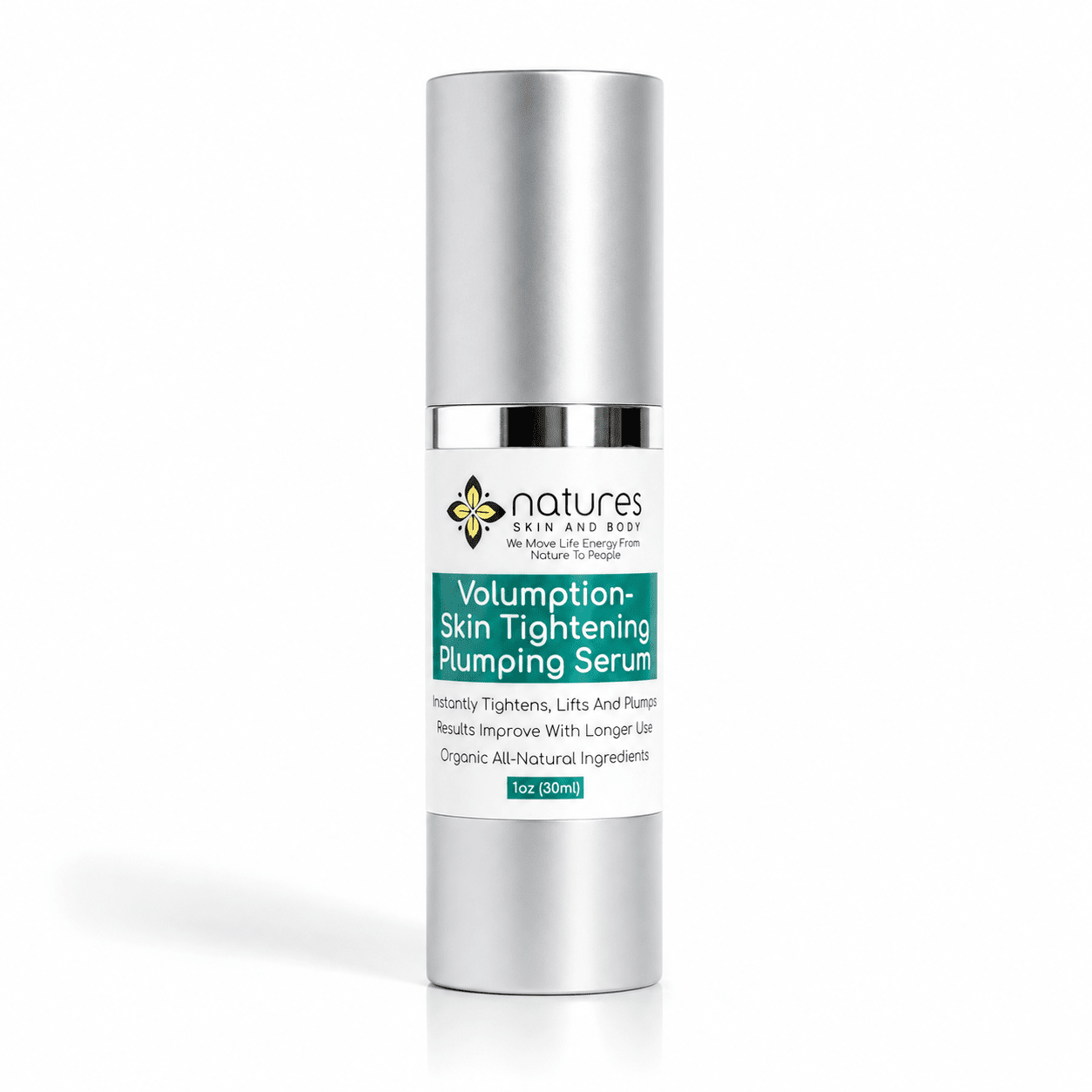 A silver cylindrical pump bottle of natures Skin and Body Volumpton-Skin Tightening Plumping Serum, featuring a white and teal label, set against a plain white background with a soft shadow.