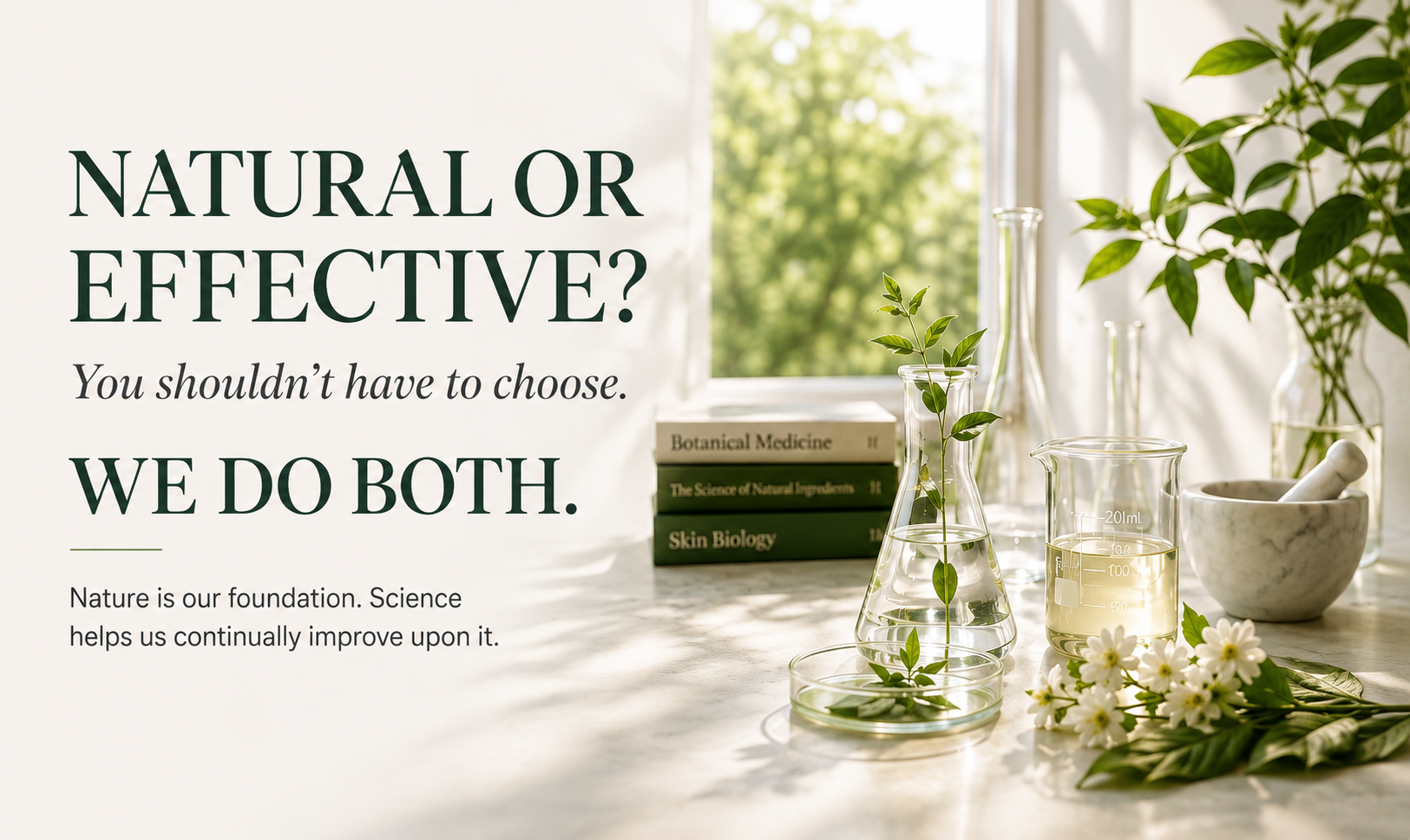 Botanical ingredients and lab glassware representing nature and science combined