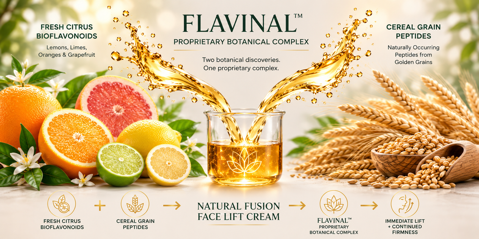 Fresh citrus and cereal grains merging into the Flavinal botanical complex