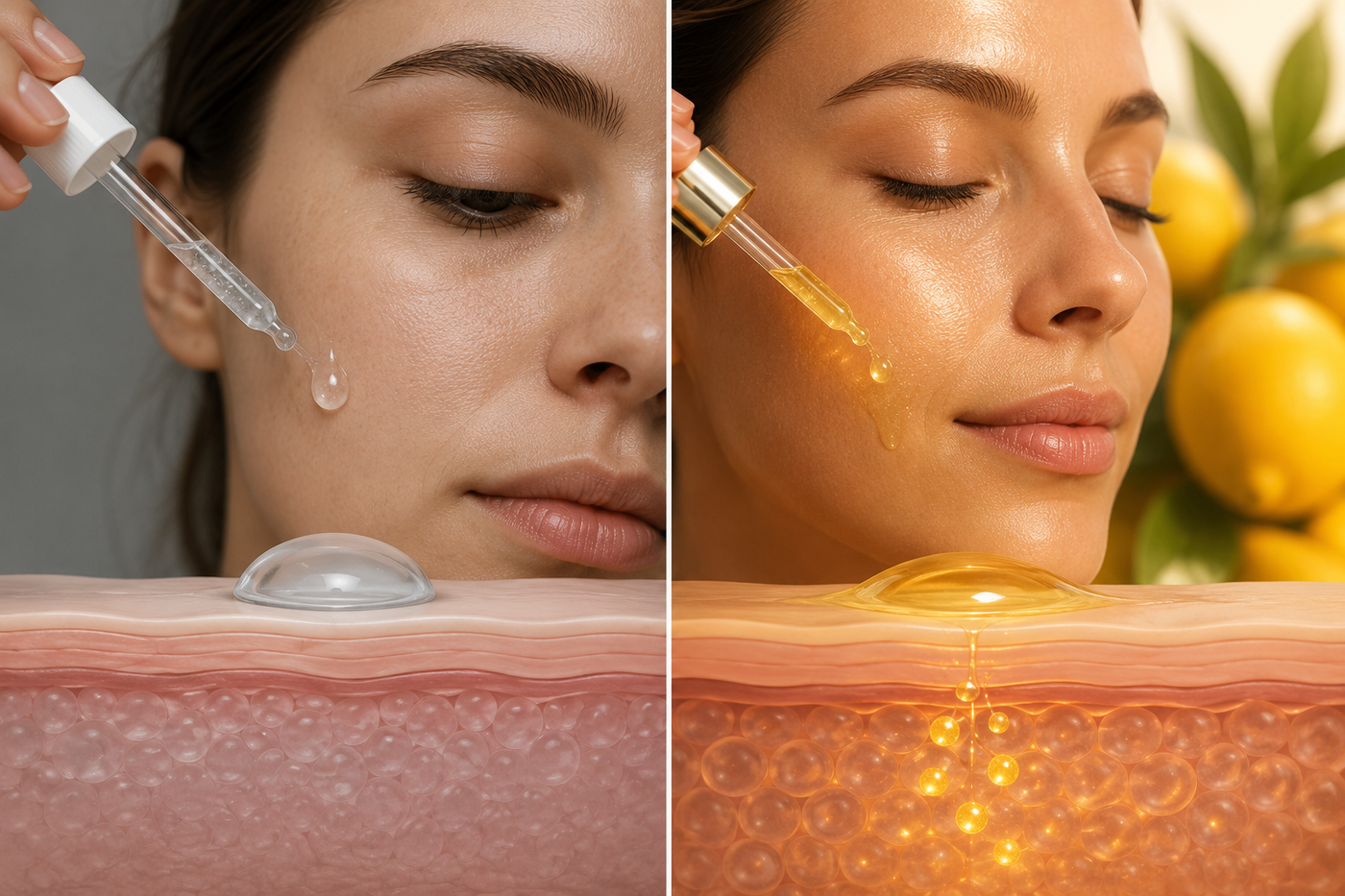 Comparison illustrating why most Vitamin C serums fail to deliver active, usable Vitamin C to skin