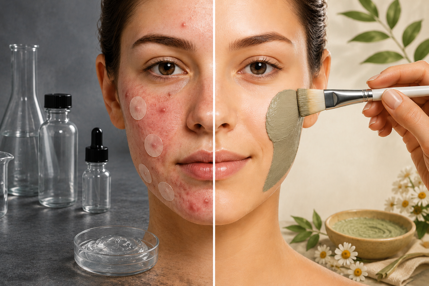 Side-by-side comparison of chemical acne treatments versus Natural Clear mineral clay mask