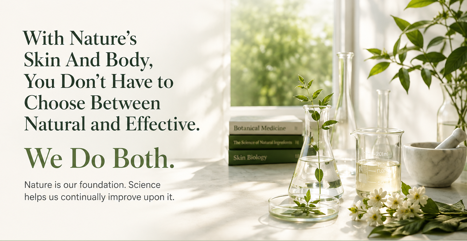 Botanical ingredients and lab glassware representing nature and science combined