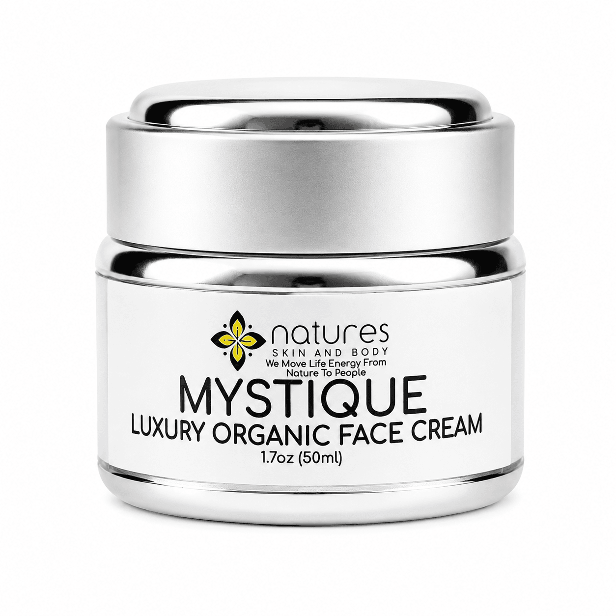 A silver cosmetic jar of 'natures SKIN AND BODY MYSTIQUE LUXURY ORGANIC FACE CREAM' on a solid white background.
