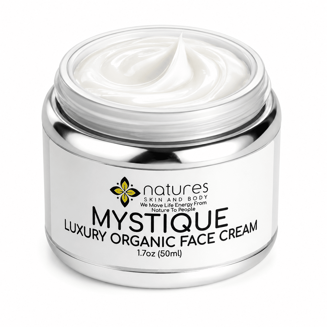An open silver jar of natures Skin and Body Mystique Luxury Organic Face Cream, showing the white cream inside, on a clean white background.
