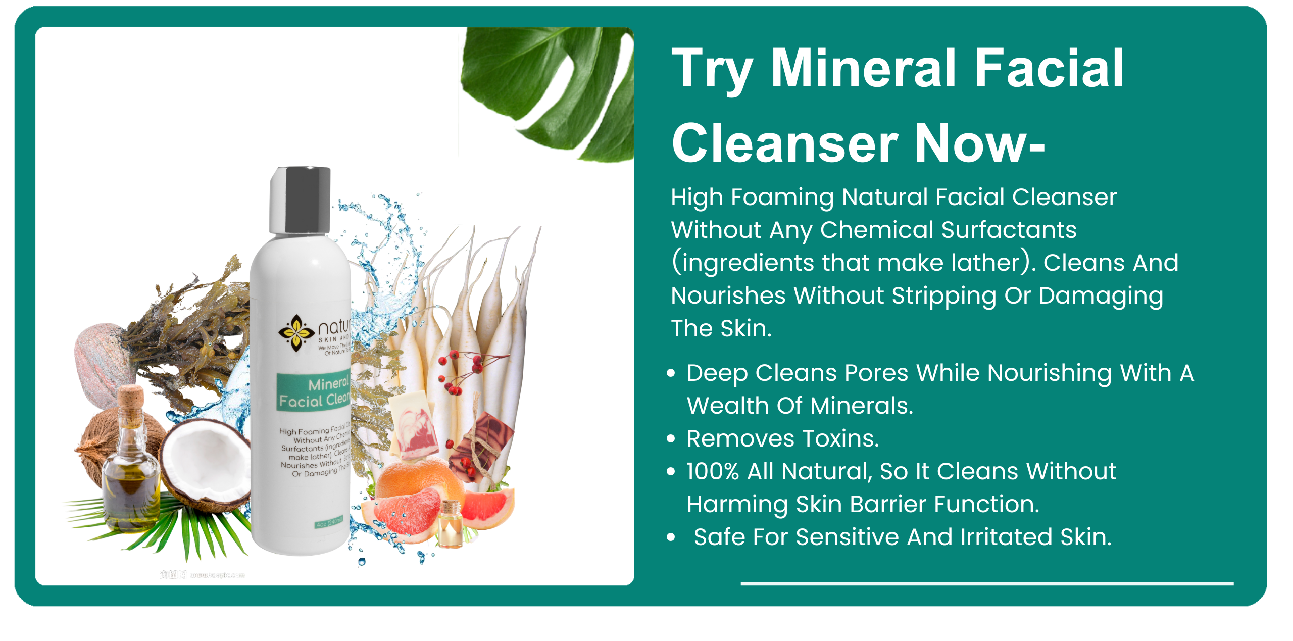 Mineral Facial Cleanser-High Foaming Facial Cleanser Without Any Chemical Surfactants (ingredients that make lather). Cleans And Nourishes Without Stripping Or Damaging The Skin. banner