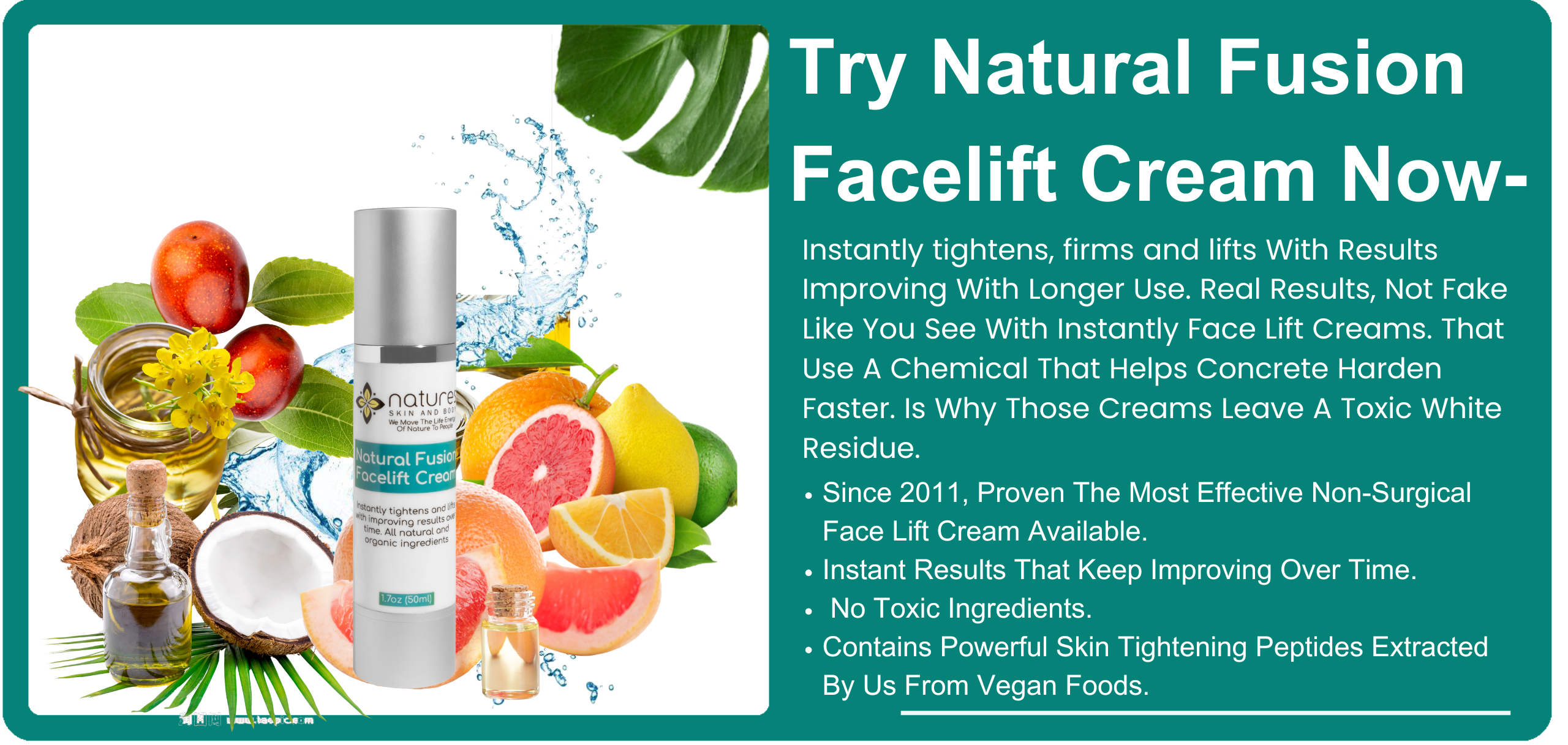 Natural Fusion Facelift Cream-Instantly tightens, firms and lifts. Results continue to improve with longer use. Real results with 100% organic natural ingredients. banner