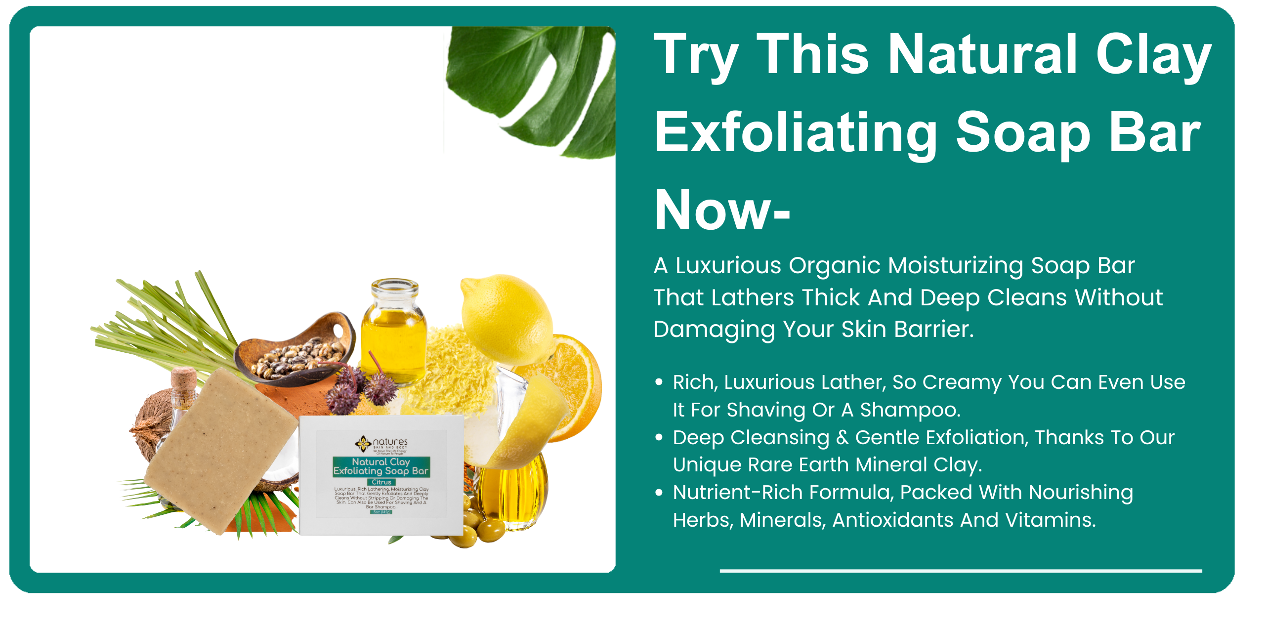 Natural Clay Exfoliating Soap Bar Citrus-Luxurious organic moisturizing soap with very rich-thick lather. Deeply Cleans without damage. banner