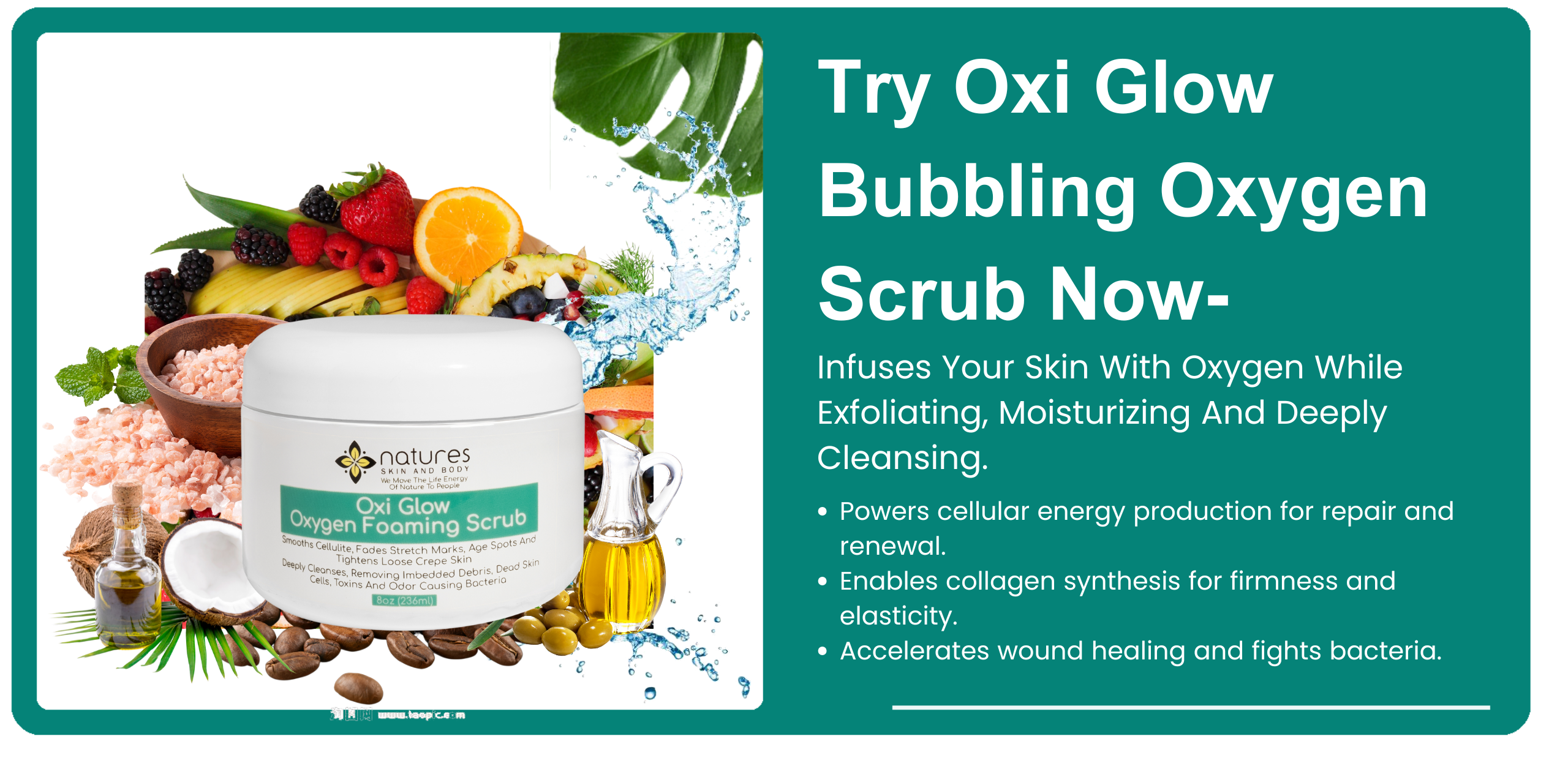 Oxi Glow-Bubbling Oxygen Coffee Scrub. Infuses Your Skin With Oxygen While Exfoliating, Moisturizing And Deeply Cleansing. banner