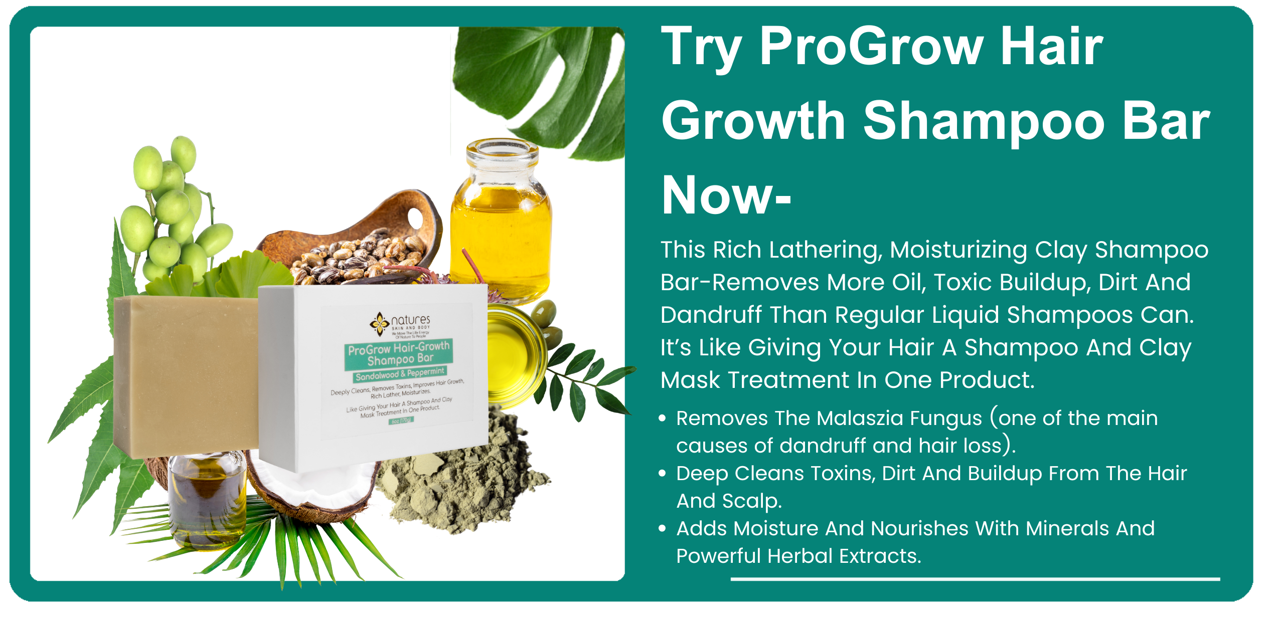 ProGrow Hair Growth Shampoo Bar-Rich Lathering, Moisturizing Clay Shampoo Bar-Removes Oil, Toxic Buildup, Dirt And Dandruff. Gives Your Hair A Shampoo And Clay Mask Treatment In One Product. banner