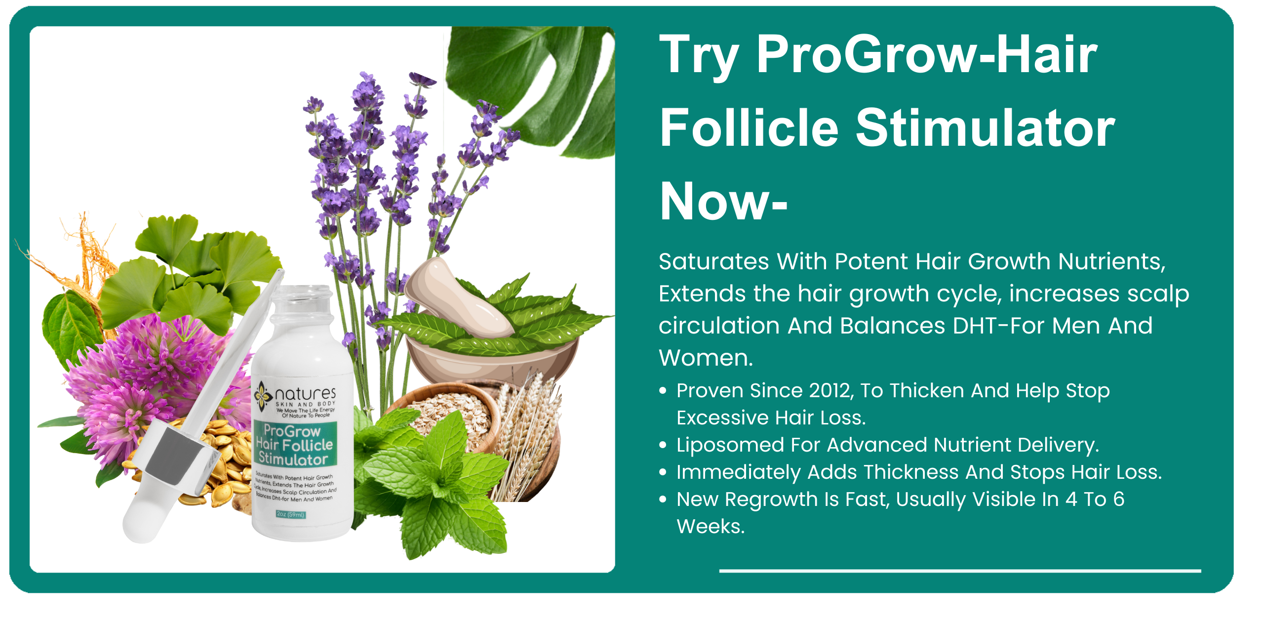 ProGrow-Hair Follicle Stimulator-Saturates With Potent Hair Growth Nutrients, Extends the hair growth cycle, increases scalp circulation And Balances DHT-For Men And Women. banner